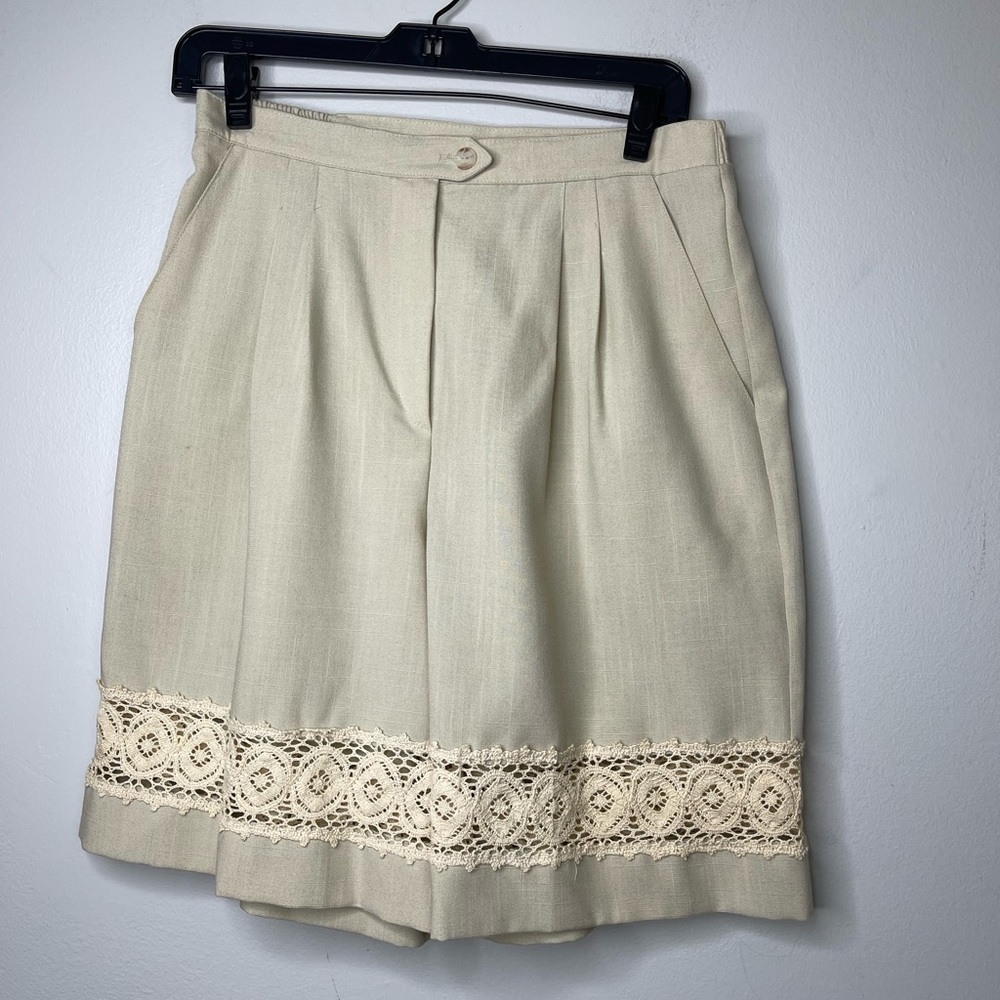 American VTG Beige Linen Cottagecore Lace Bermuda Shorts Sz 10 Elastic Dressy